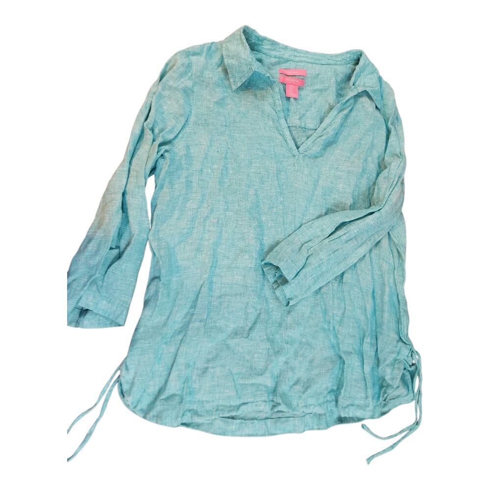 Isaac Mizrahi 100% Linen womens shirt sz Large 3/4 sleeve tunic tie side